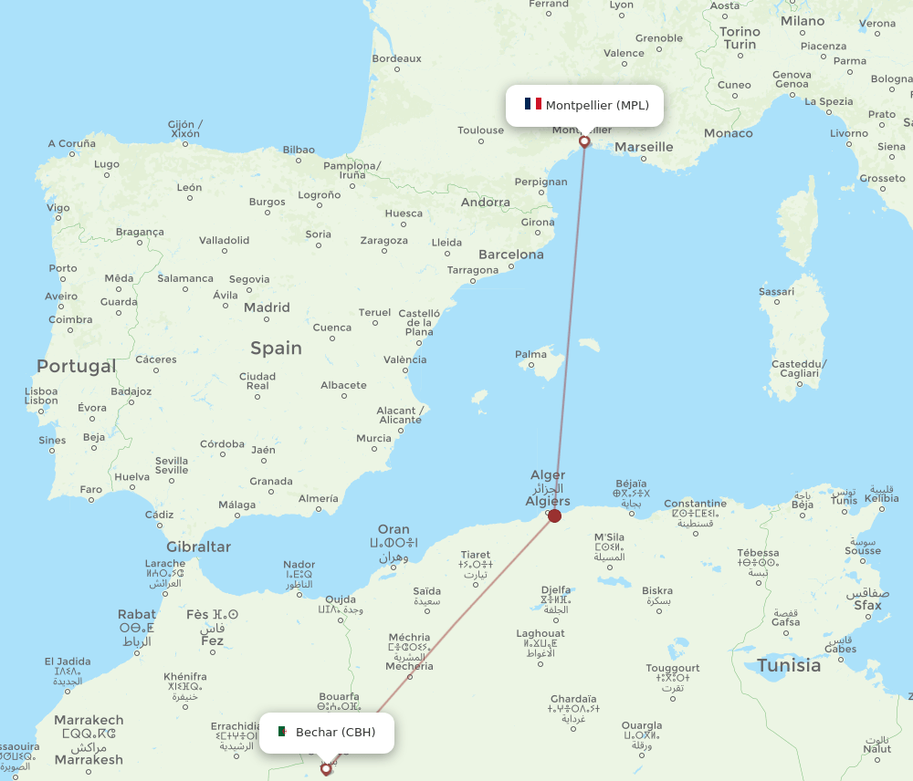 Montpellier - Bechar route map and flight paths