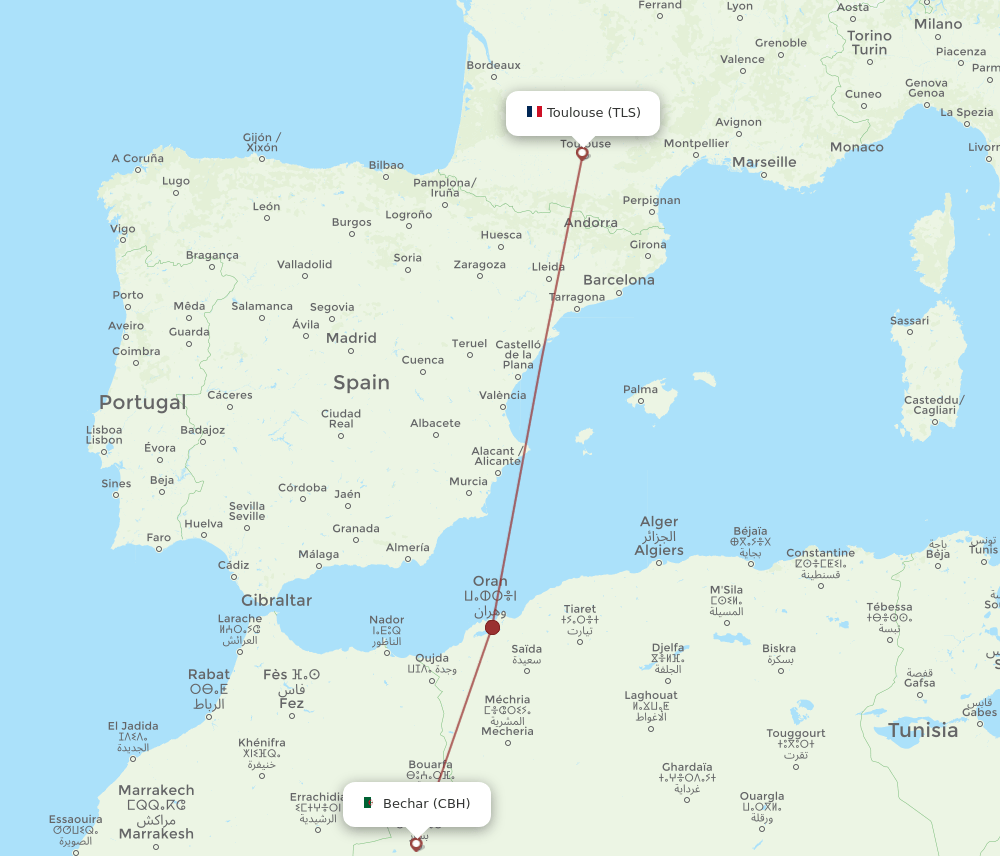 Toulouse - Bechar route map and flight paths