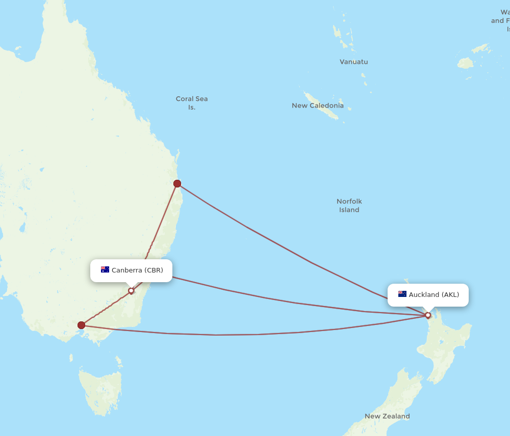 CBR to AKL flights and routes map
