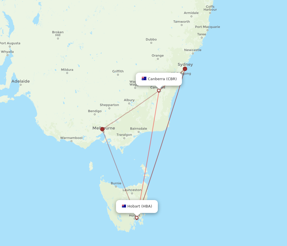 CBR to HBA flights and routes map