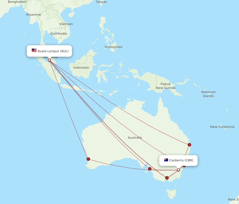 CBR to KUL flights and routes map