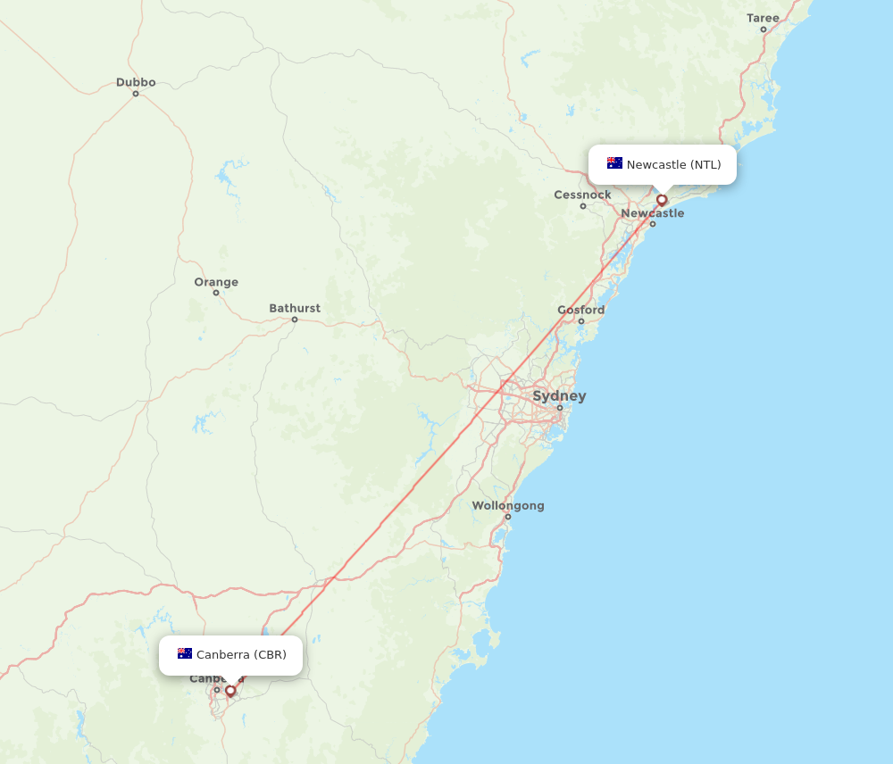 CBR to NTL flights and routes map