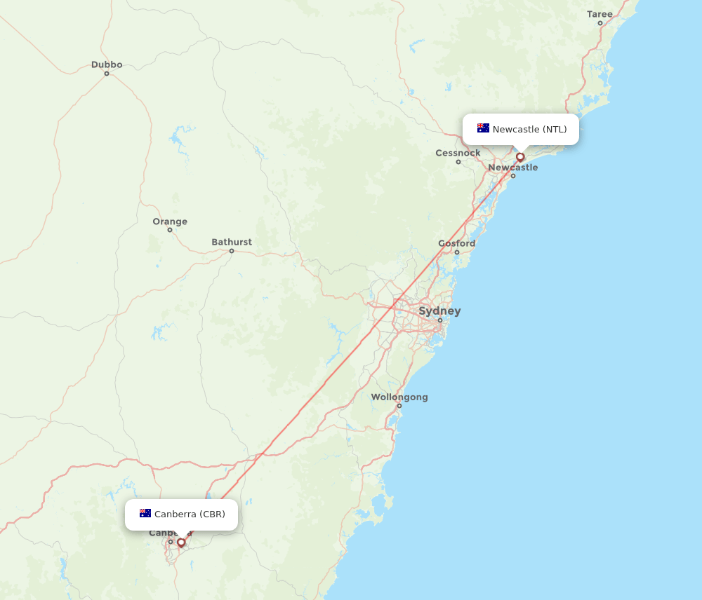 Canberra - Newcastle route map and flight paths
