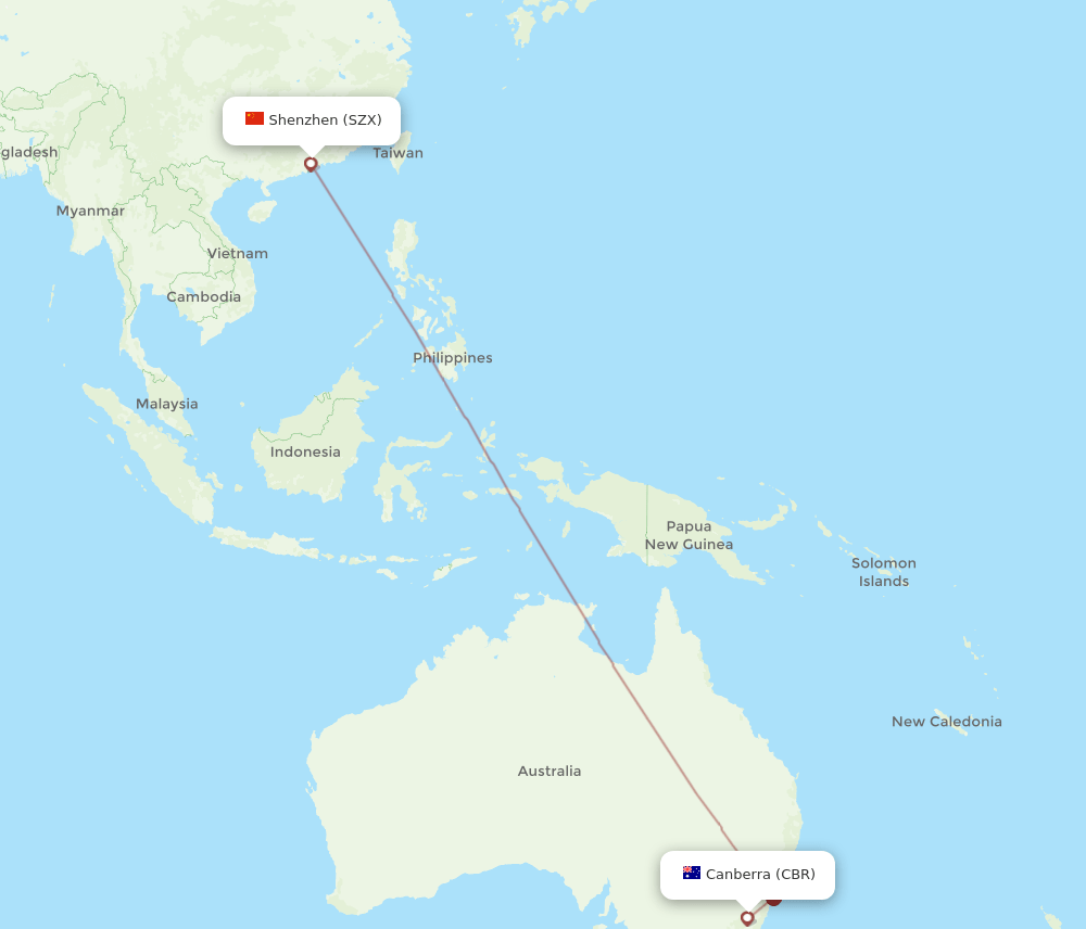 Shenzhen - Canberra route map and flight paths