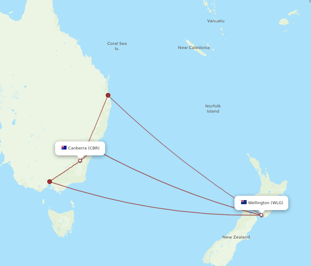 CBR to WLG flights and routes map