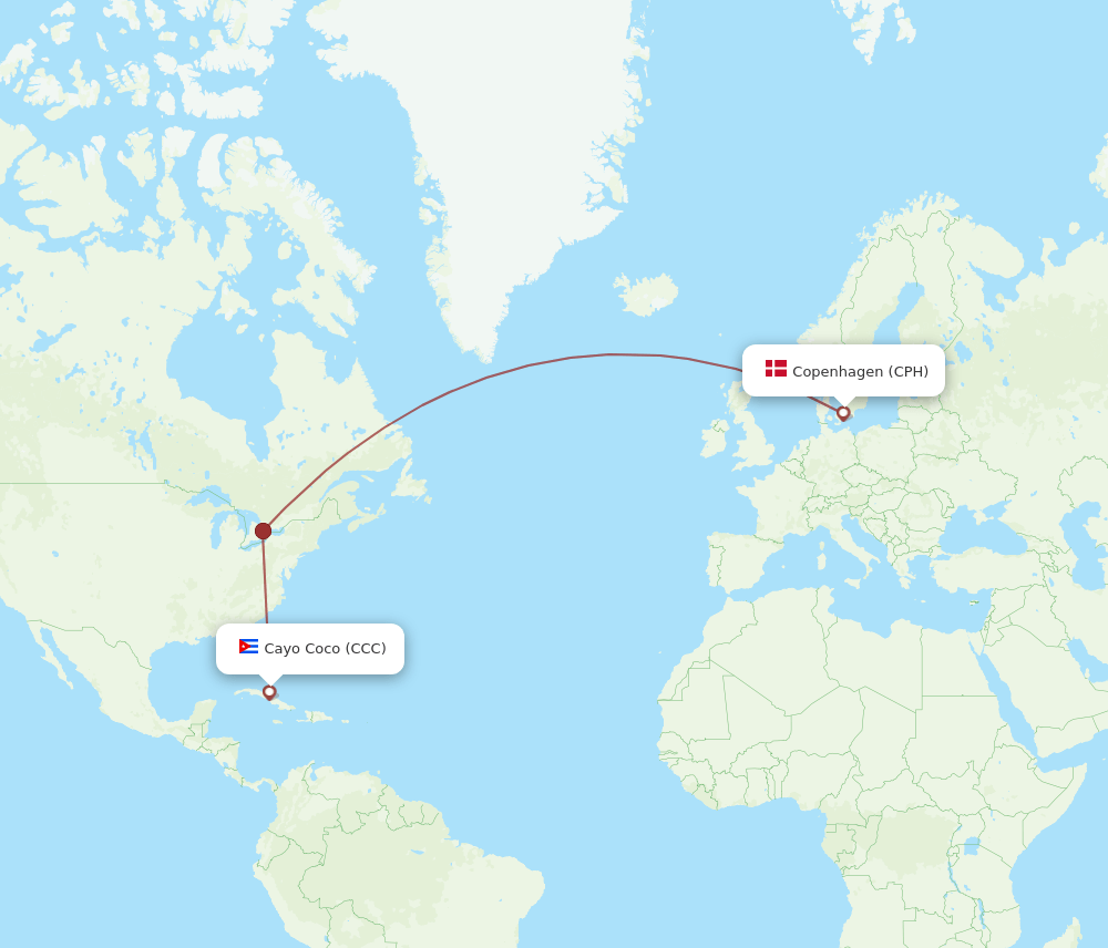Copenhagen - Cayo Coco route map and flight paths