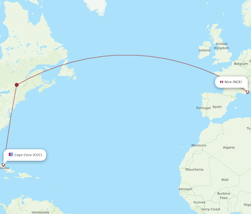 Nice - Cayo Coco route map and flight paths