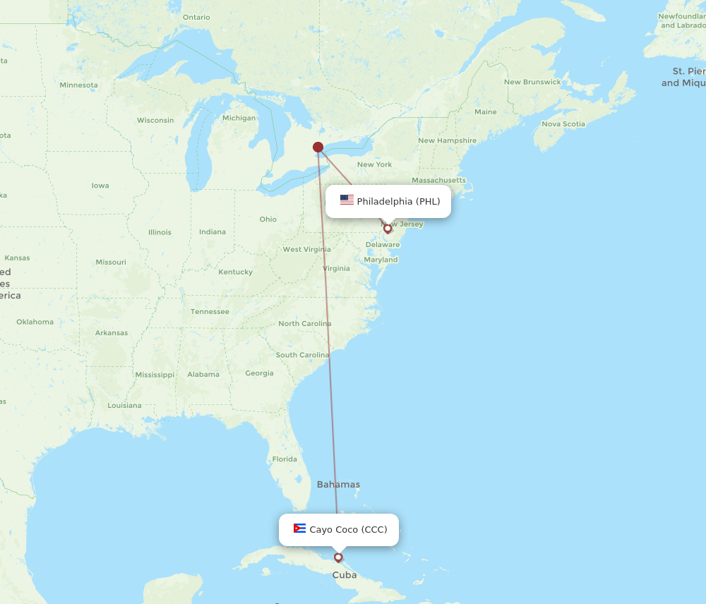 Philadelphia - Cayo Coco route map and flight paths