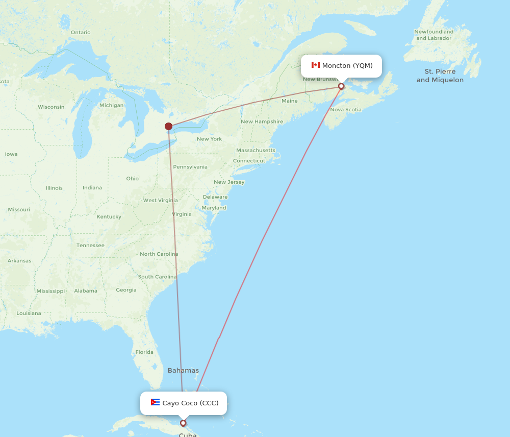 CCC to YQM flights and routes map