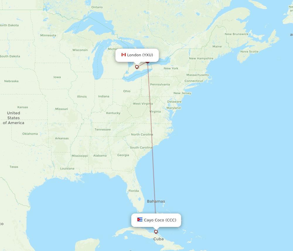 London - Cayo Coco route map and flight paths