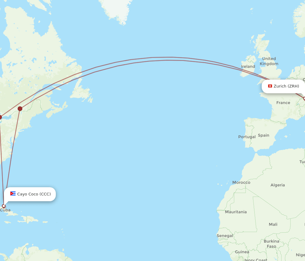 Zurich - Cayo Coco route map and flight paths