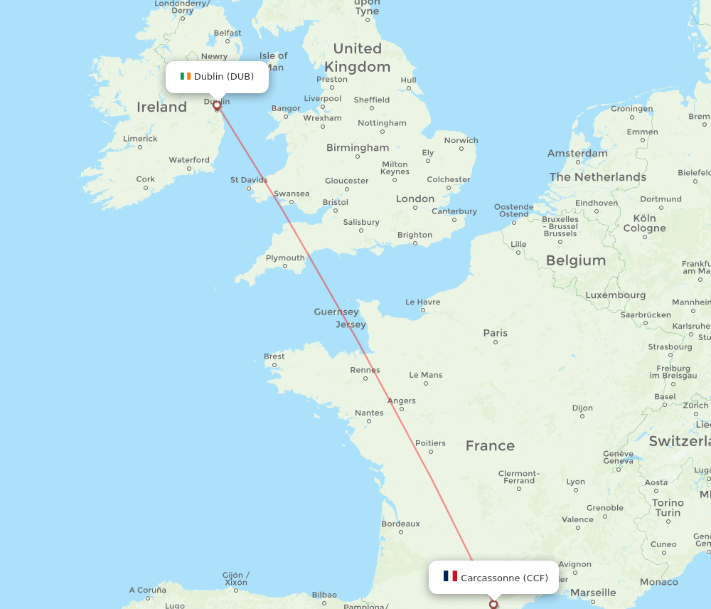 Carcassonne - Dublin route map and flight paths