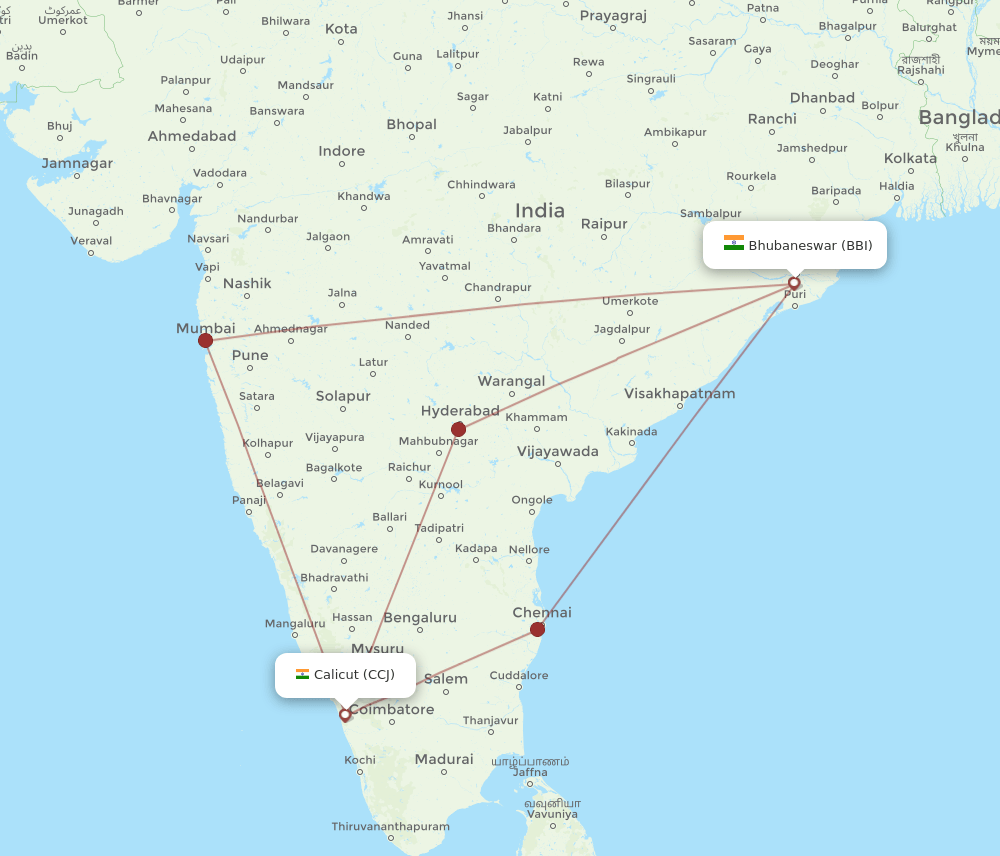 CCJ to BBI flights and routes map