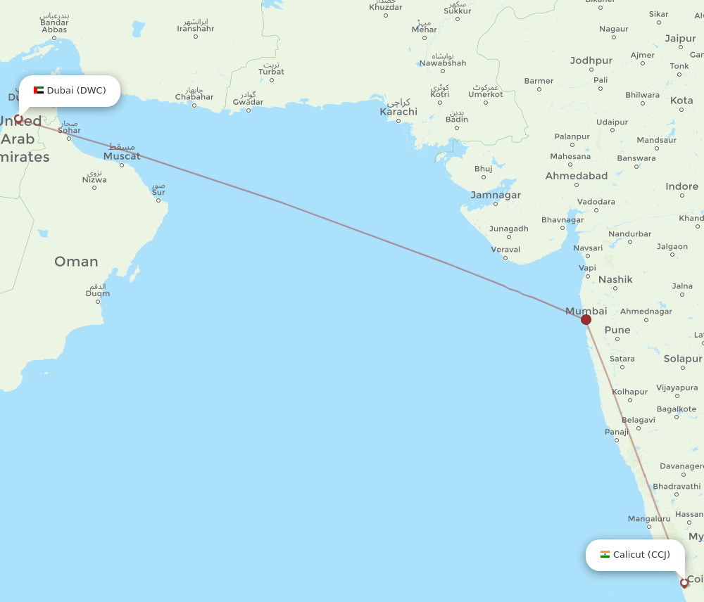 CCJ to DWC flights and routes map