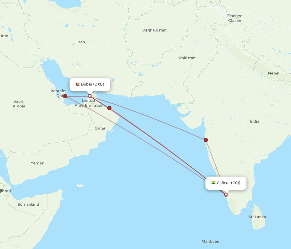 CCJ to DXB flights and routes map