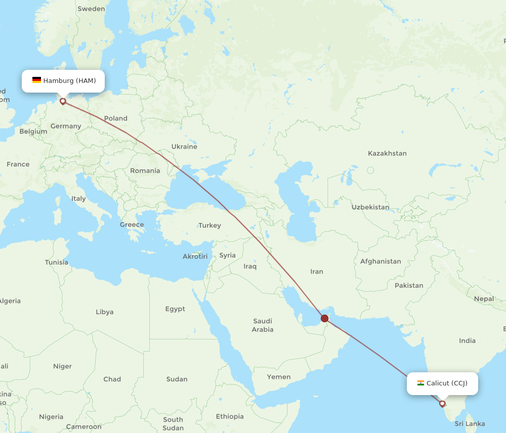 Hamburg - Kozhikode route map and flight paths