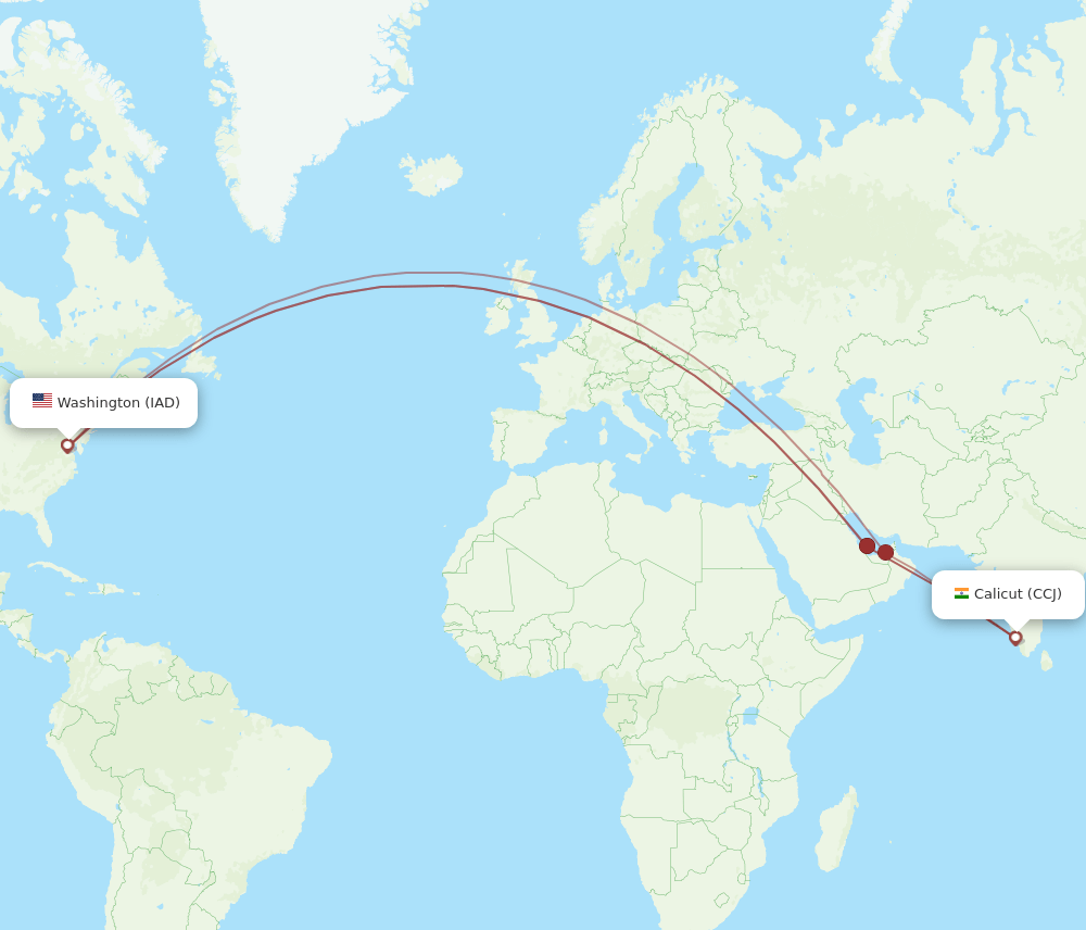 CCJ to IAD flights and routes map