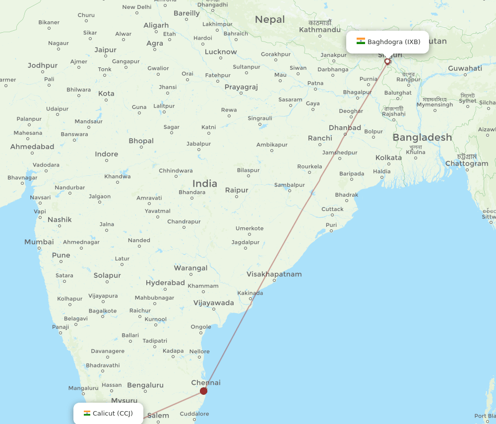 CCJ to IXB flights and routes map