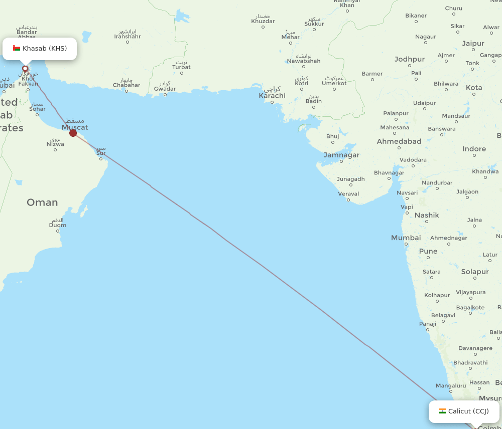 Khasab - Kozhikode route map and flight paths