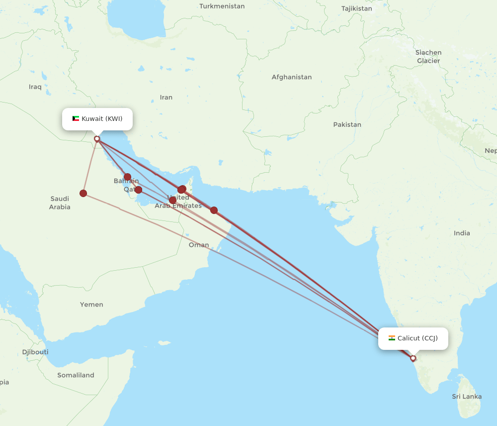 CCJ to KWI flights and routes map