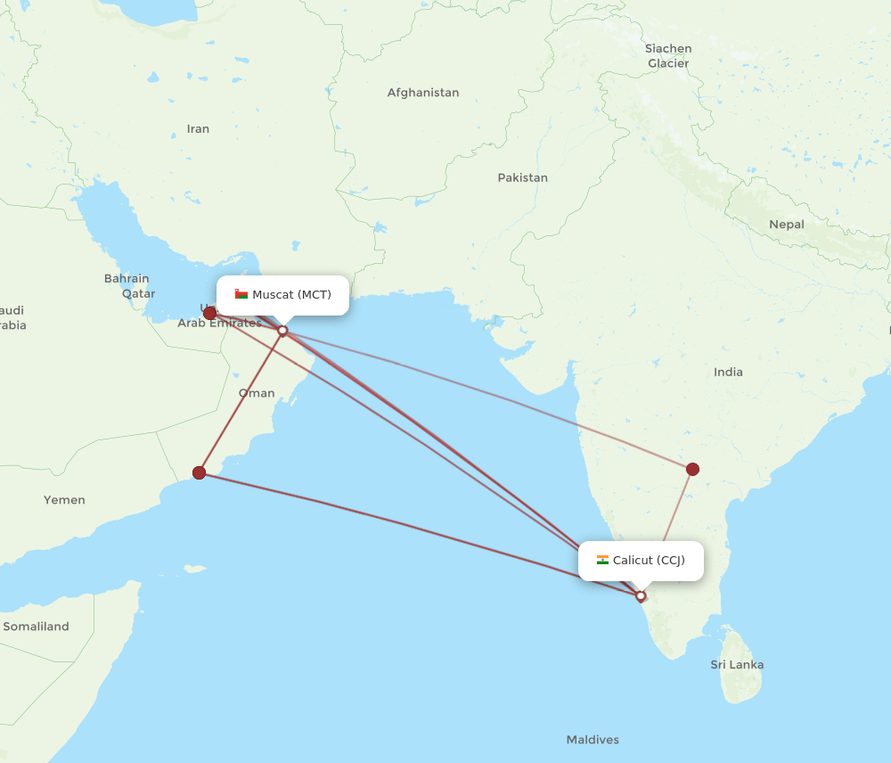 CCJ to MCT flights and routes map