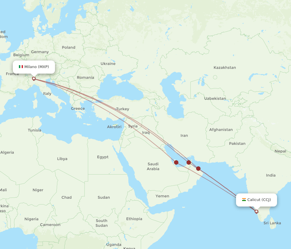 CCJ to MXP flights and routes map
