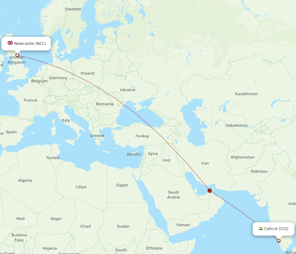 Kozhikode - Newcastle route map and flight paths