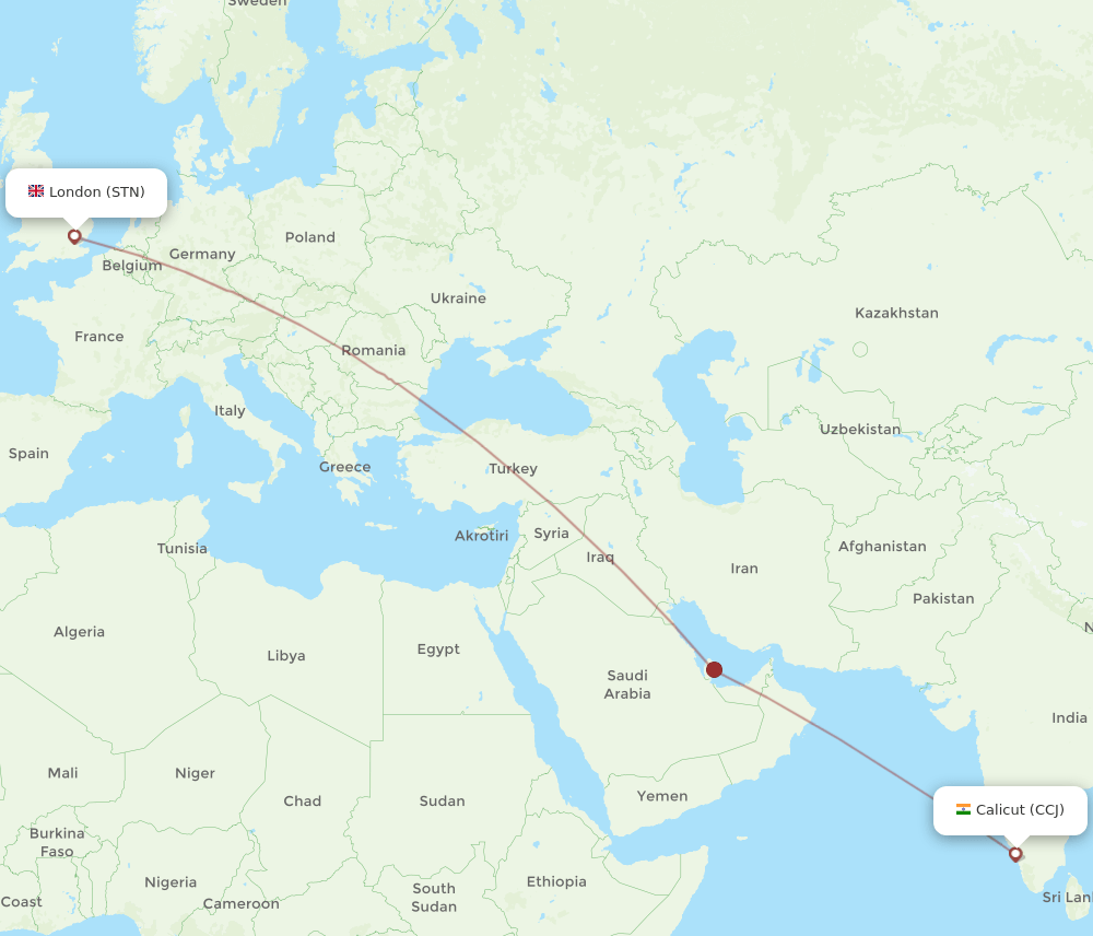 London - Kozhikode route map and flight paths