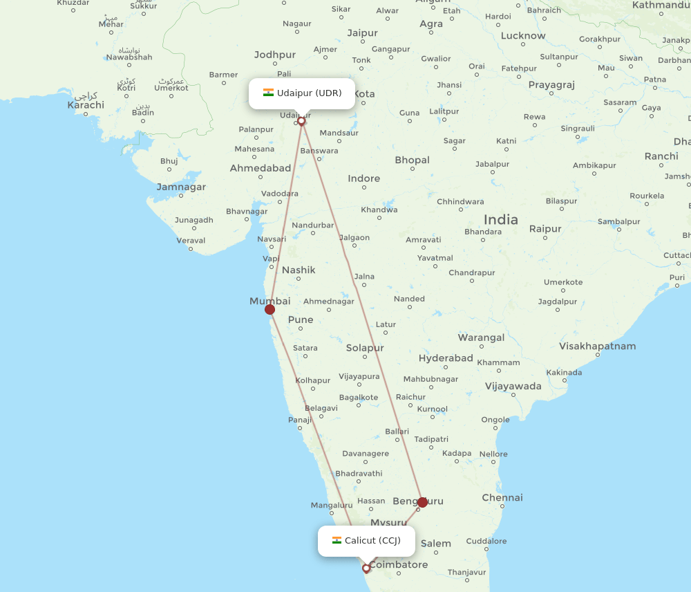 CCJ to UDR flights and routes map