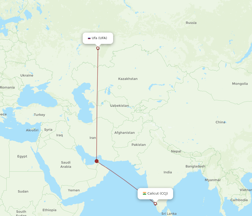 Kozhikode - Ufa route map and flight paths