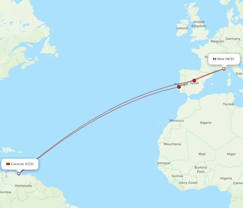 CCS to NCE flights and routes map