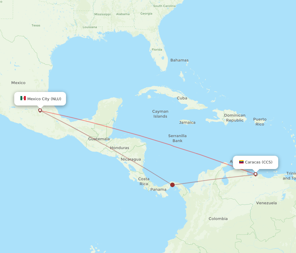 Caracas - Mexico City route map and flight paths