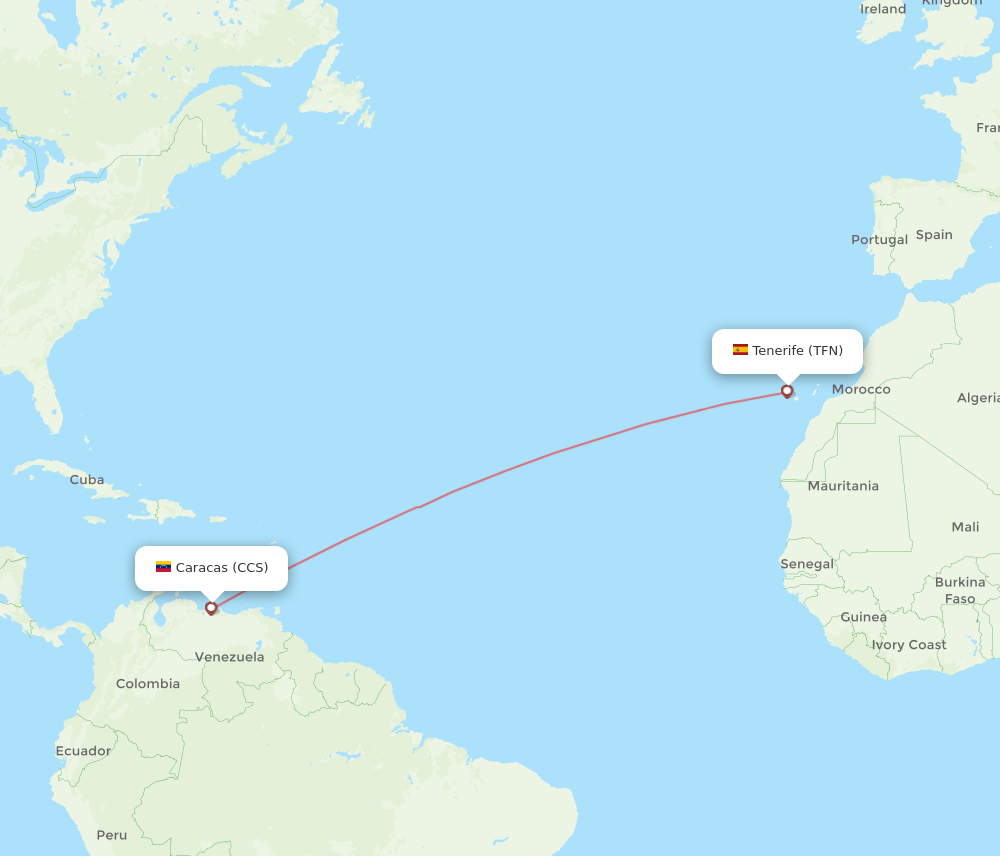 Caracas - Tenerife route map and flight paths