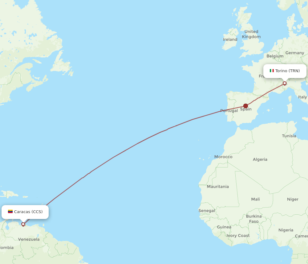 Turin - Caracas route map and flight paths