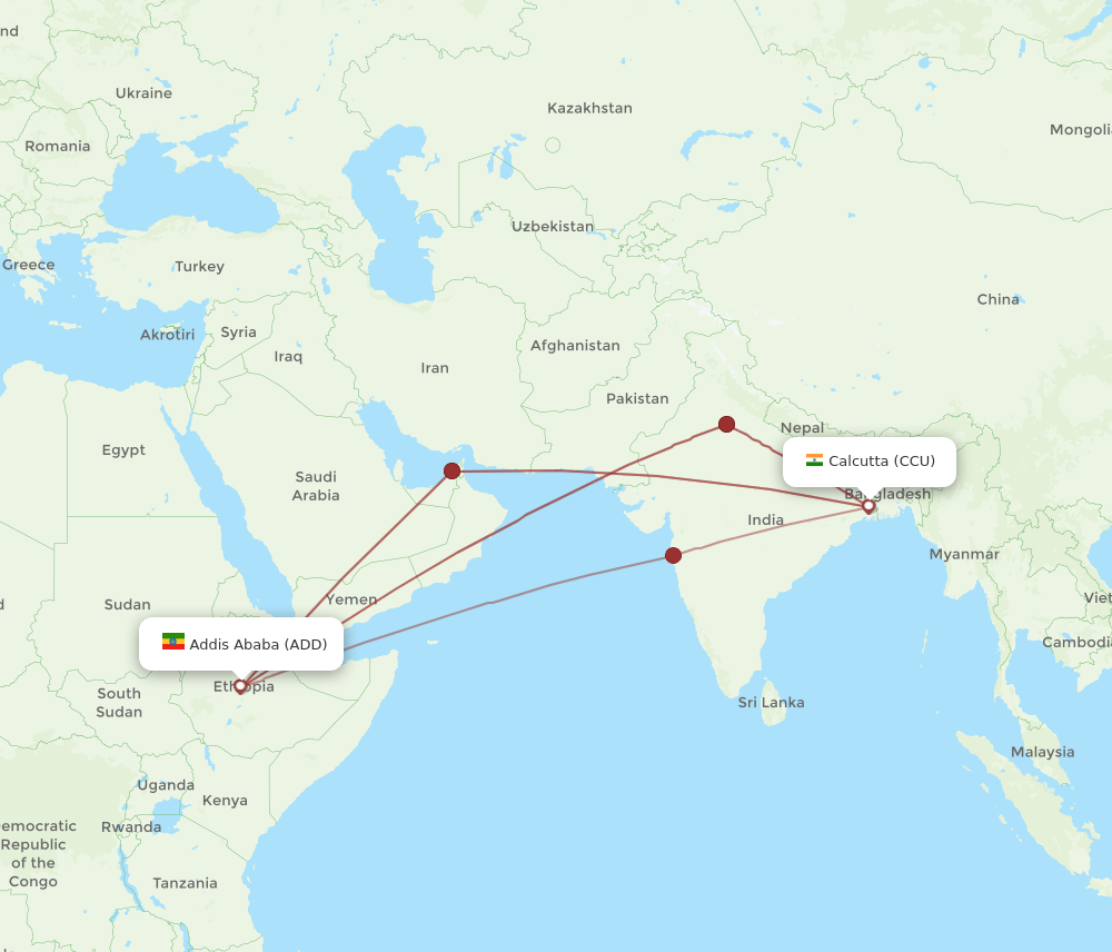 CCU-ADD flight routes