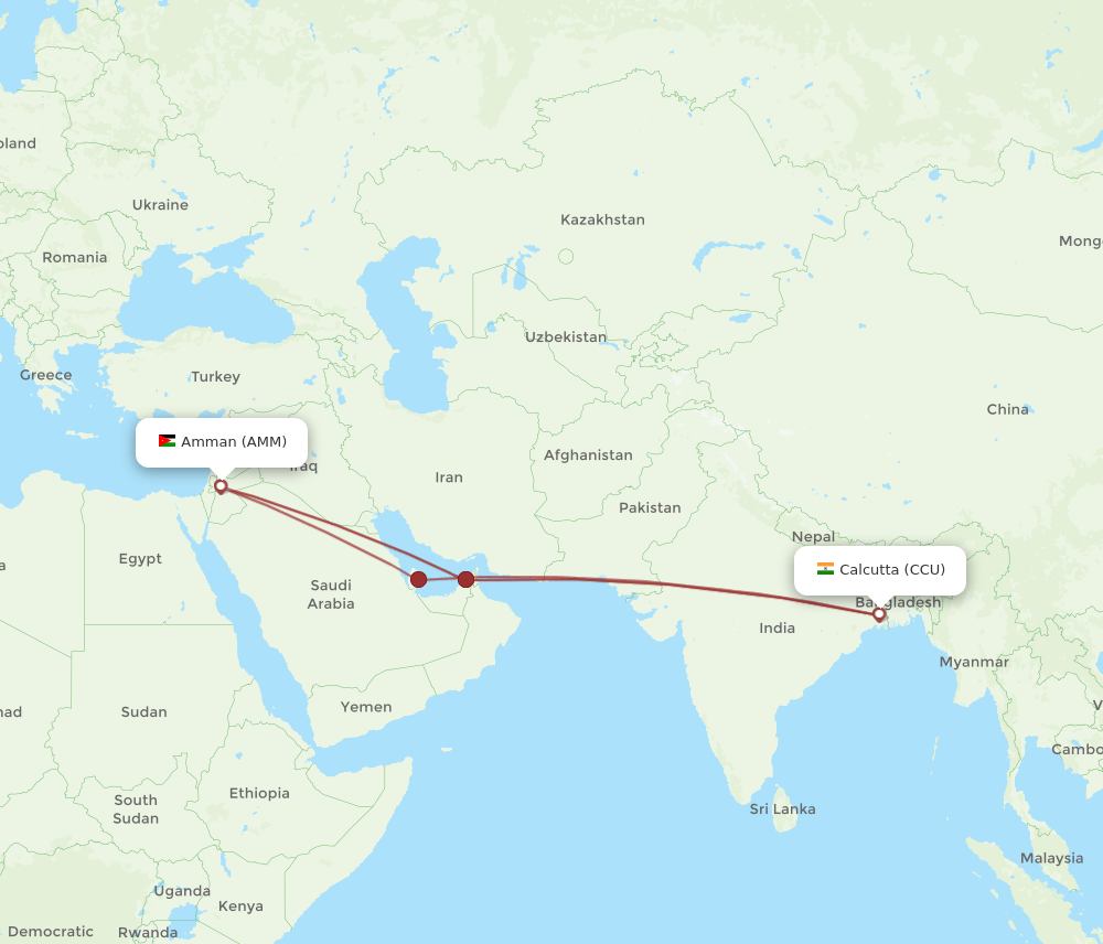 CCU to AMM flights and routes map