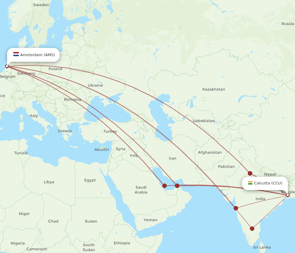CCU-AMS flight routes