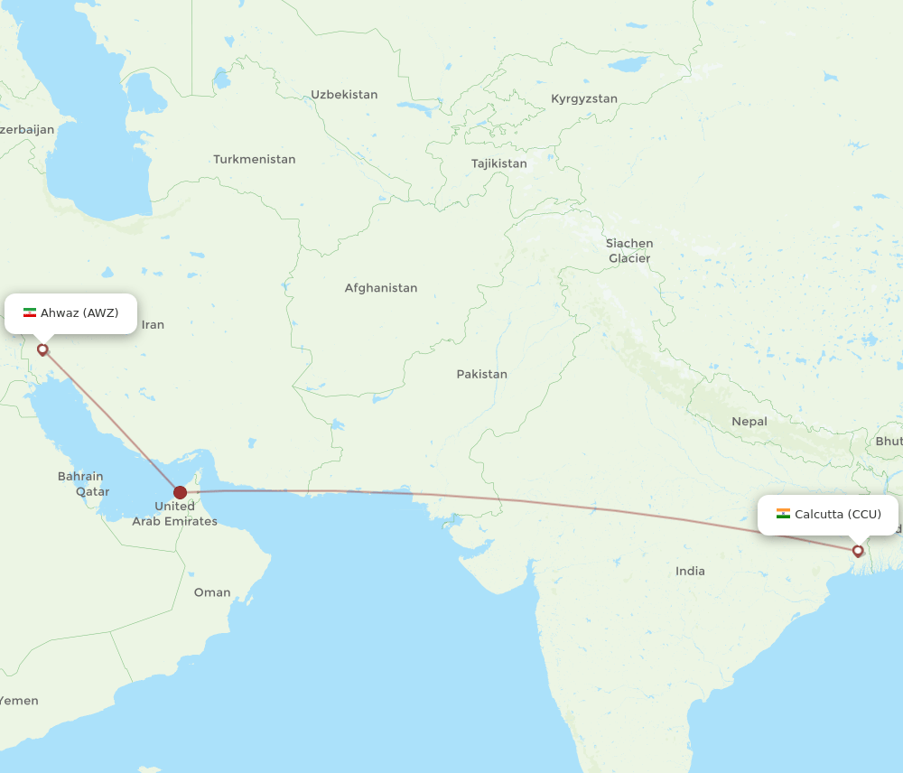 Ahwaz - Kolkata route map and flight paths