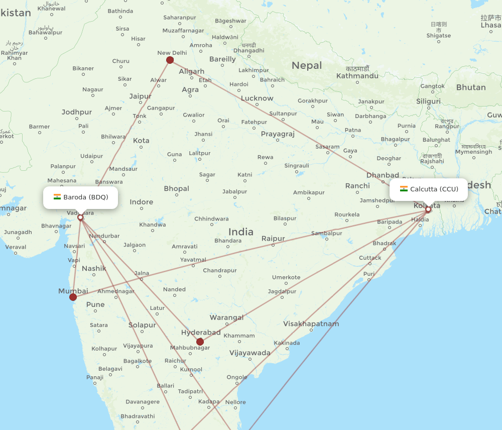 CCU to BDQ flights and routes map
