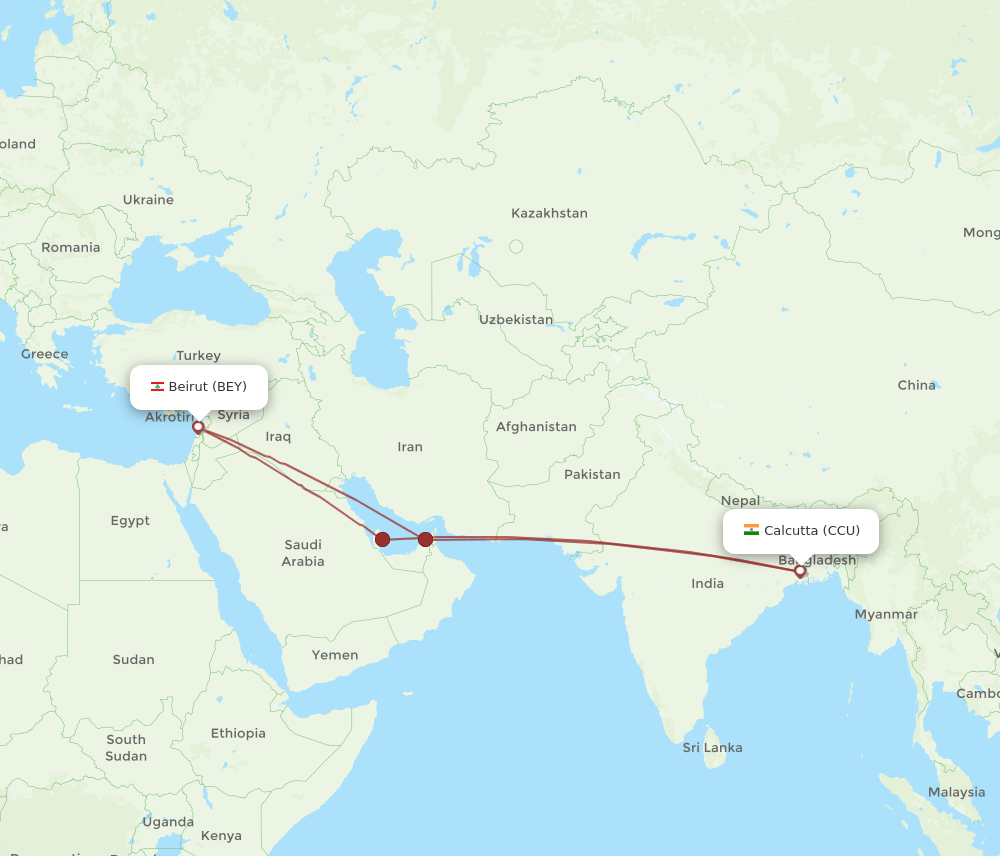 CCU to BEY flights and routes map