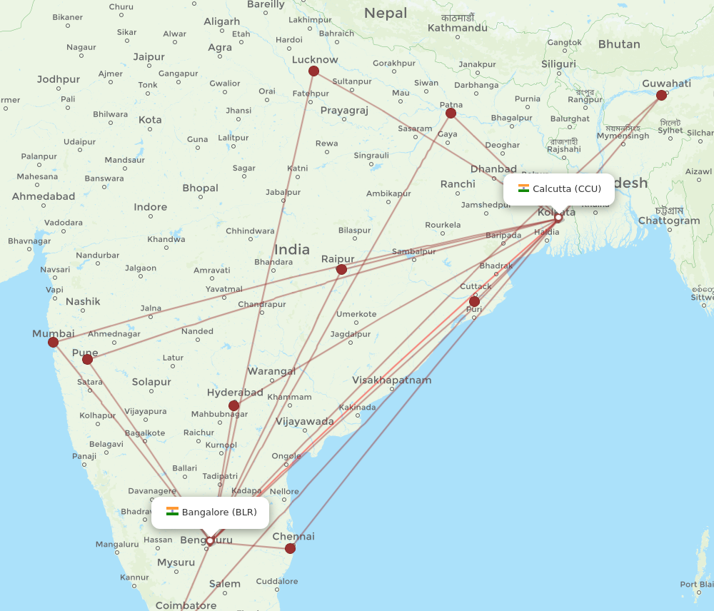 CCU to BLR flights and routes map