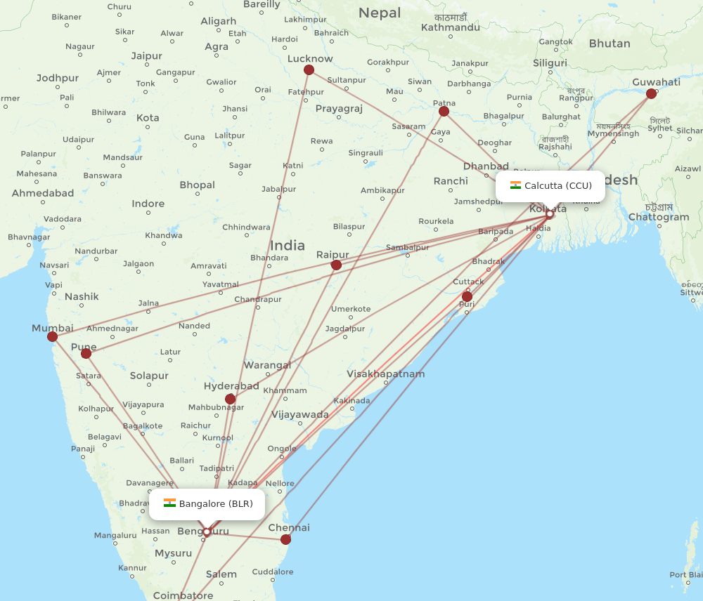 CCU-BLR flight routes