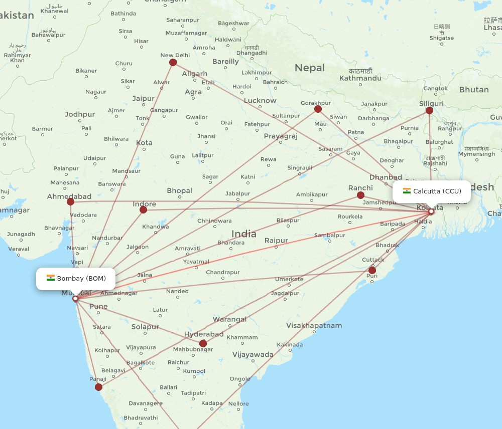 CCU to BOM flights and routes map