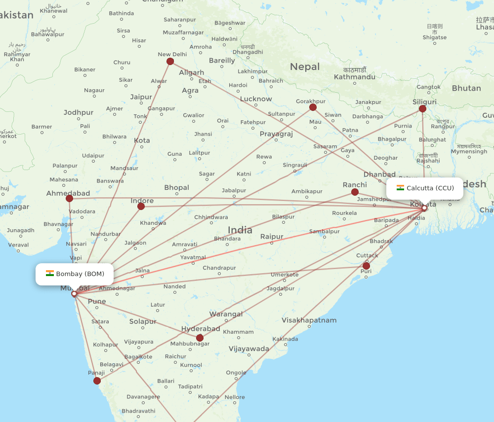 CCU to BOM flights and routes map