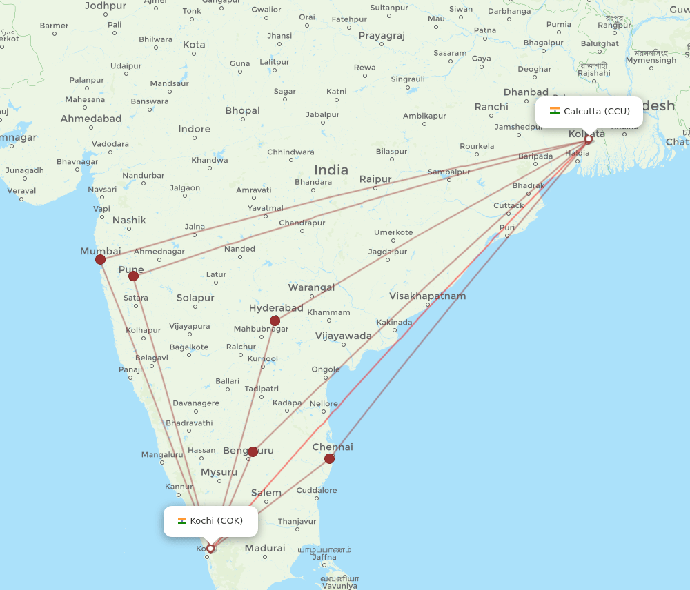 CCU to COK flights and routes map