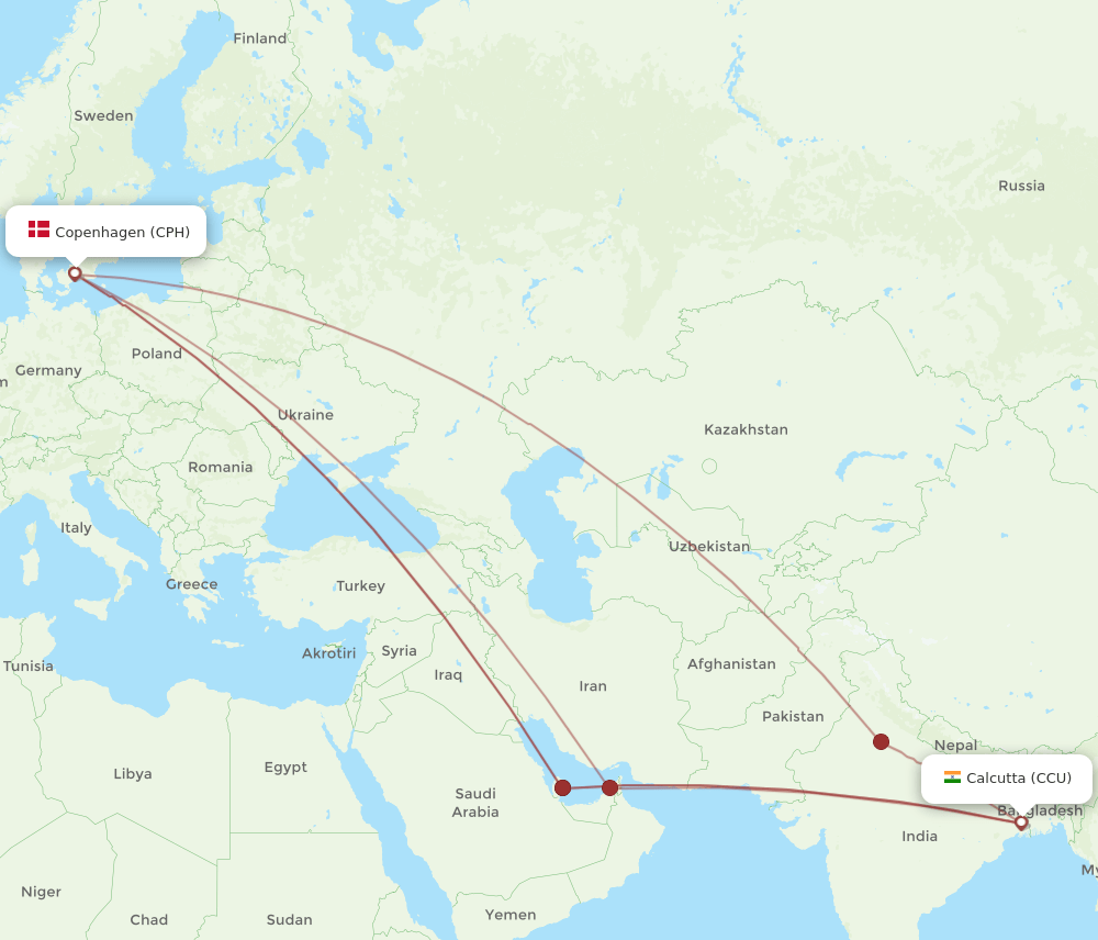 CCU-CPH flight routes
