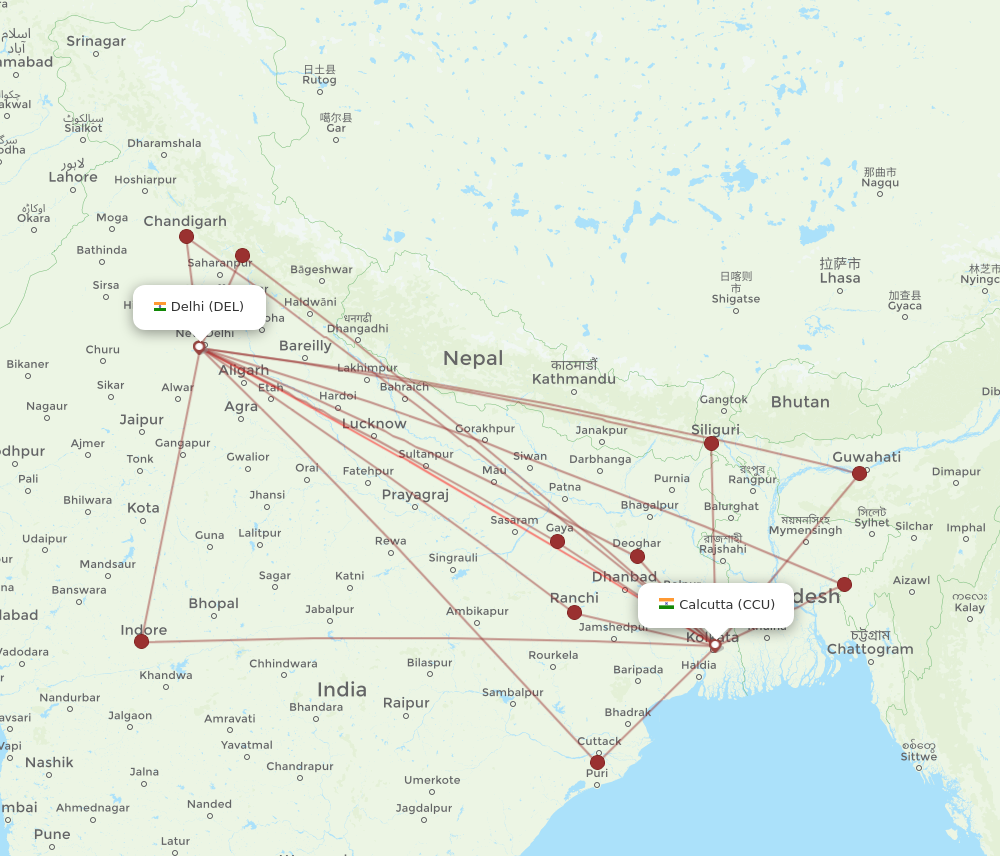 CCU to DEL flights and routes map