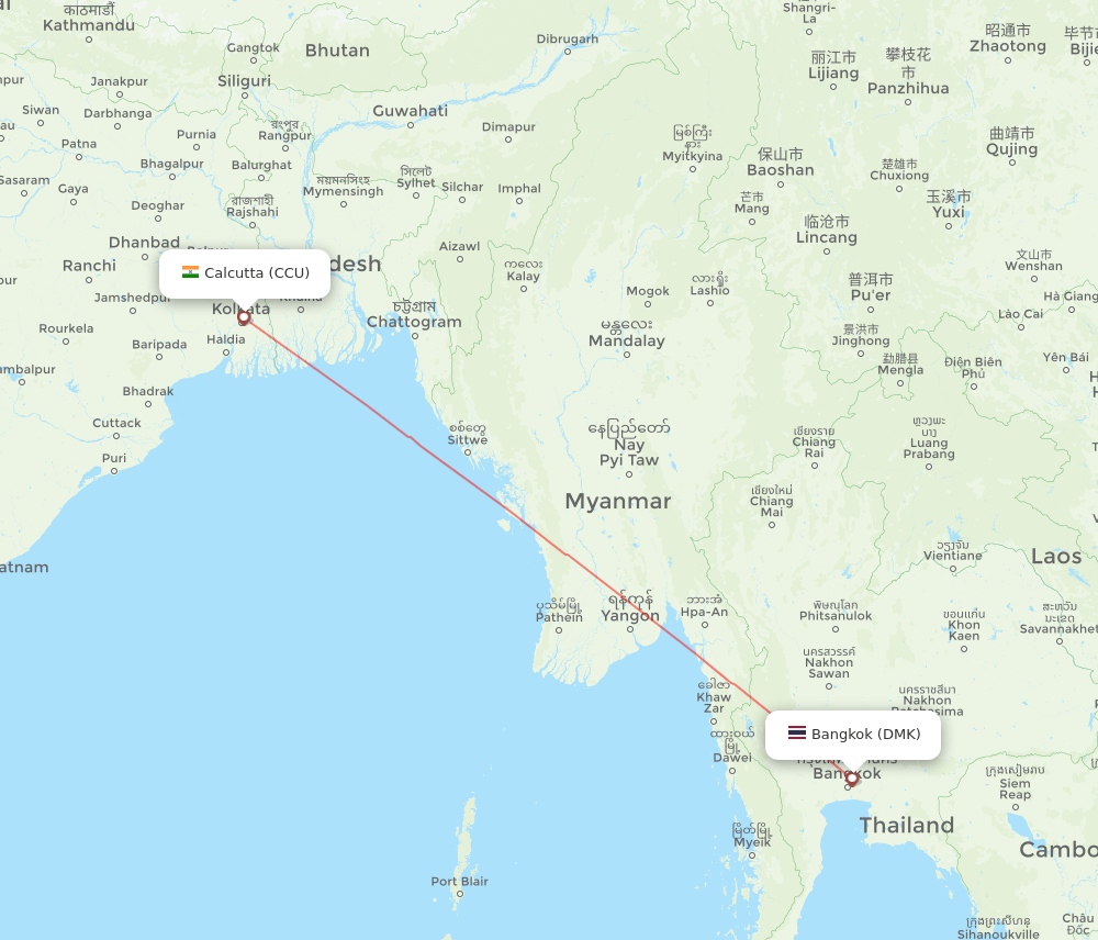 Kolkata - Bangkok route map and flight paths
