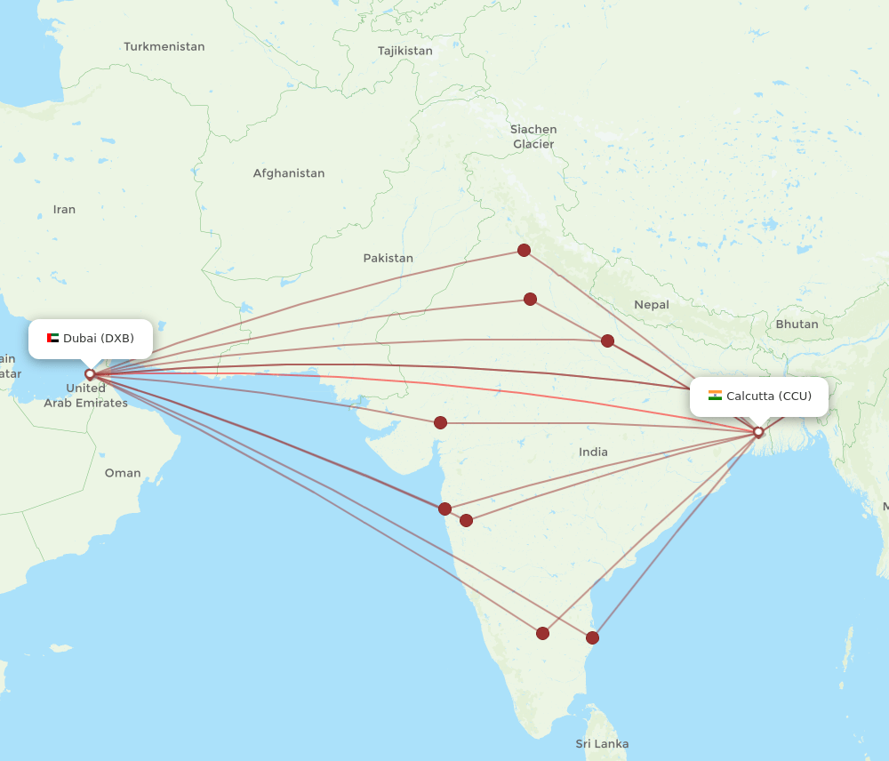 CCU to DXB flights and routes map