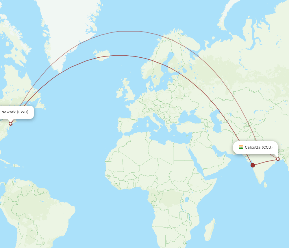 New York - Kolkata route map and flight paths